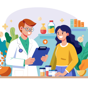 A pharmacist hands over prescription bottles to a smiling patient.